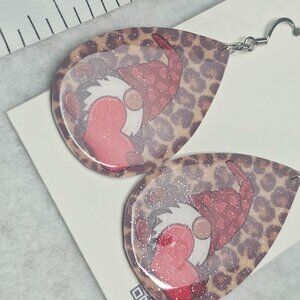 Handmade Valentines Gnome with leopard print background teardrop shape earrings